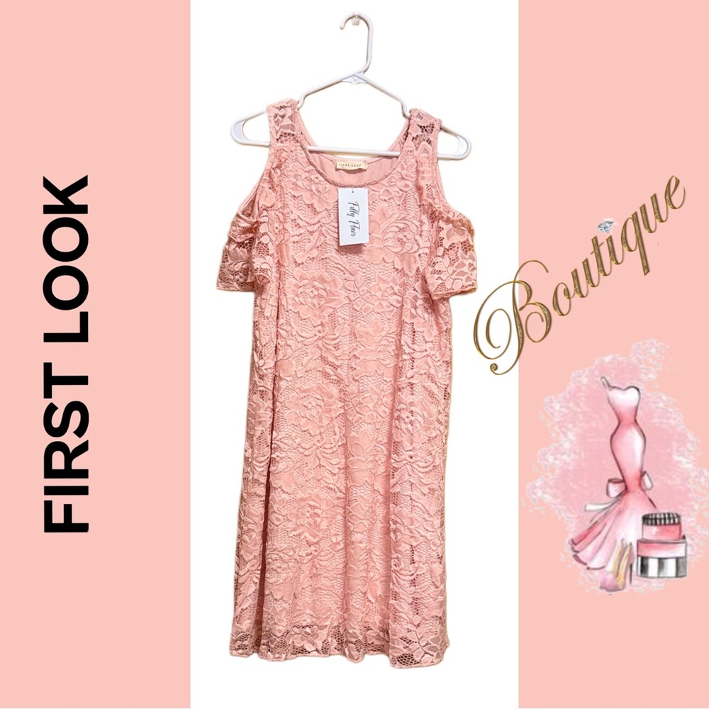 ✨ NWT First Look Pink Lace Cold Shoulder Midi Dress Boutique Spring Dress,Size M